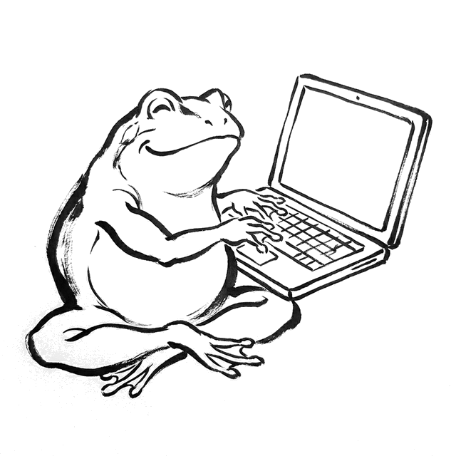 ノートパソコンを打つ蛙の墨絵