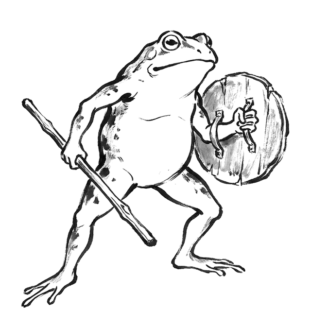 盾をかまえるカエルの墨絵