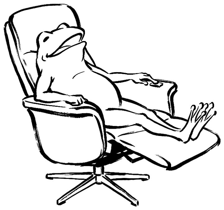 ボタンを押して電動ソファを倒すカエルの墨絵