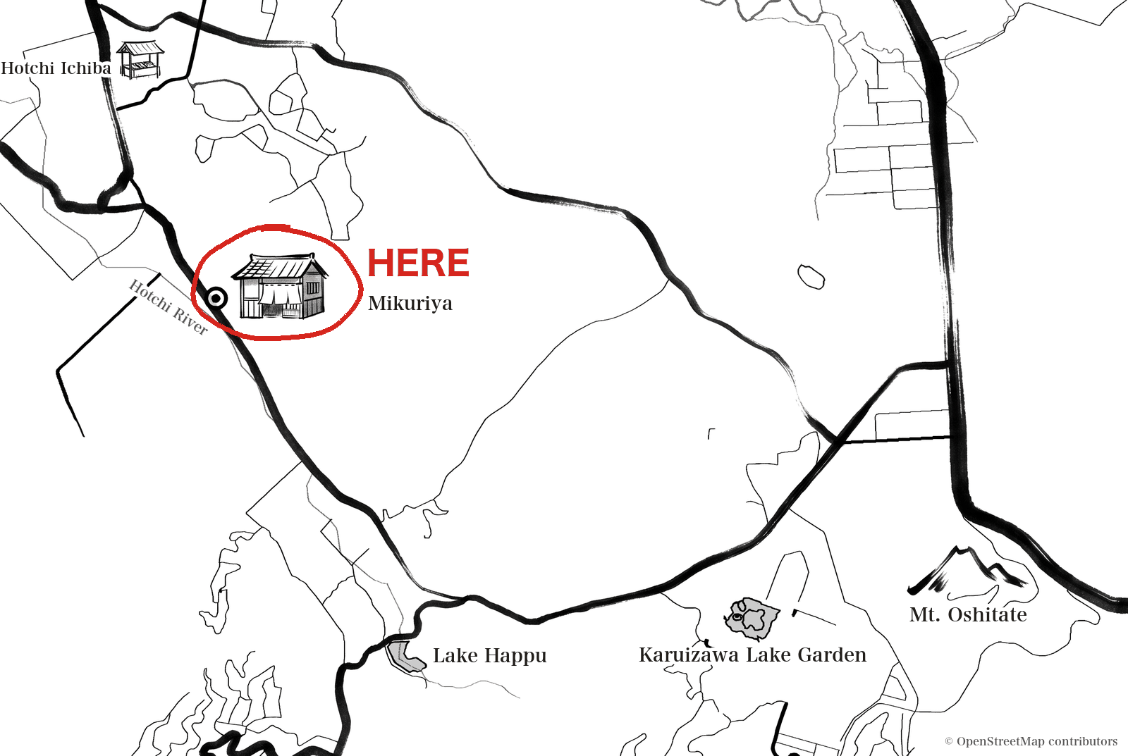 An ink-wash map of the area around Mikuriya. Mikuriya is circled in red with a 'Here' label, and the map shows Hotchi Ichiba, Lake Happu, Karuizawa Lake Garden, Mount Oshitate, and the Hotchi River