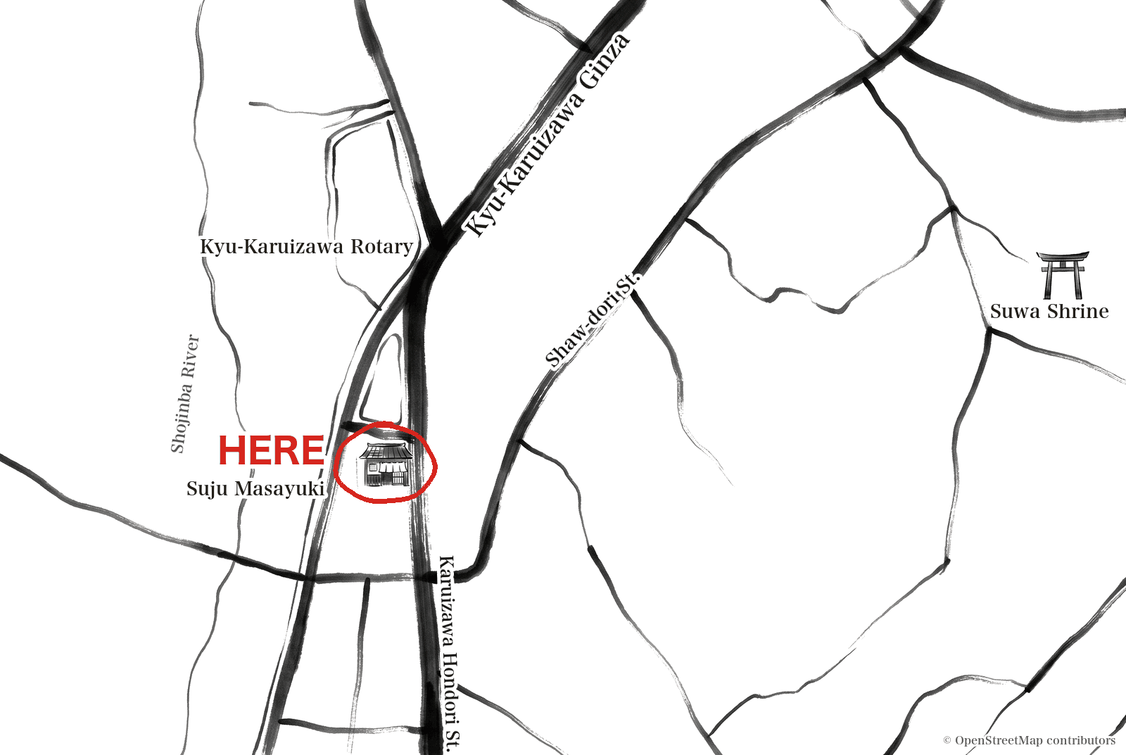 An ink-wash map of Old Karuizawa. Restaurant Suju Masayuki is circled in red and labeled 'Here'; Kyu-Karuizawa Rotary, Kyu-Karuizawa Ginza, Shaw-dori St., Karuizawa Hondori St., Shojinba River, and Suwa Shrine are also marked