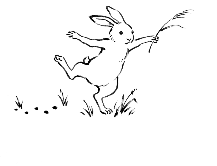 両手を広げ、片手に草を持ってケンケンで走るうさぎの墨絵(足元に点々の軌跡と草)