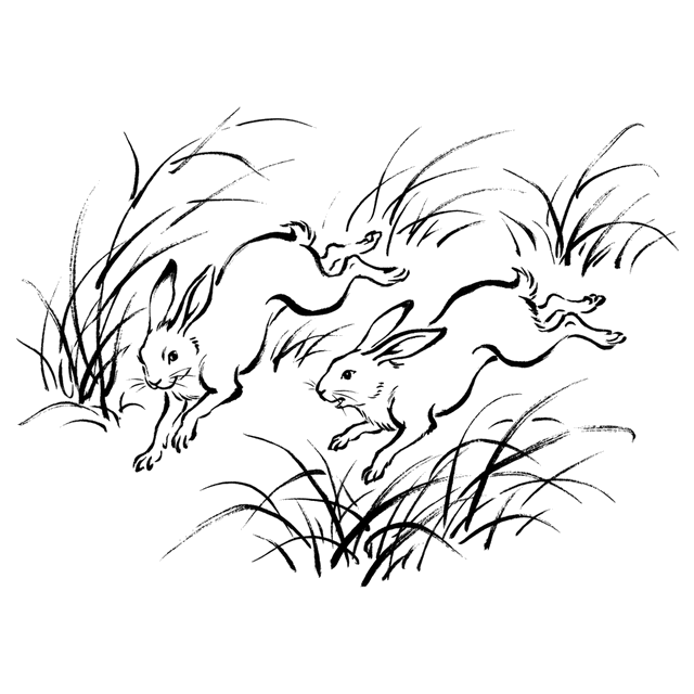 草原を駆ける二匹のうさぎの墨絵