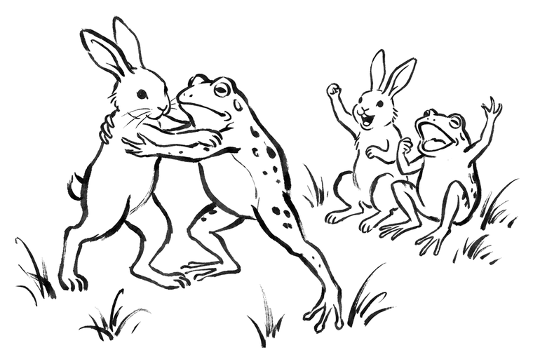 相撲をとるうさぎとカエル、それを応援する動物たちの墨絵